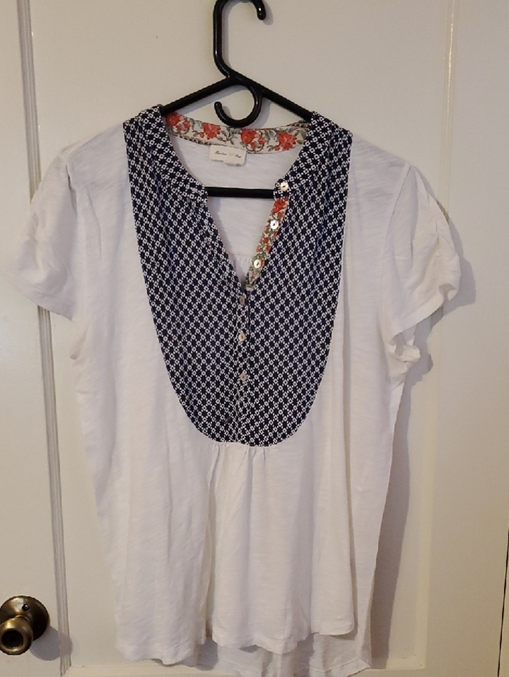 Meadow Rue White Short Sleeve Tee with Navy Geometric Bib and Floral Trim Detail